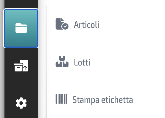 Menu articoli del WMS StockFusion, con tre opzioni: articoli, lotti e stampa etichetta