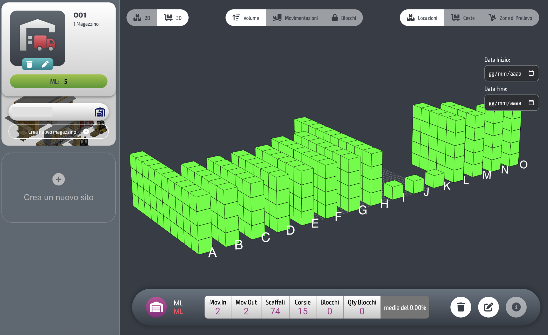 La funzionalità 3D del WMS StockFusion, mostra la struttura del magazzino in 3D